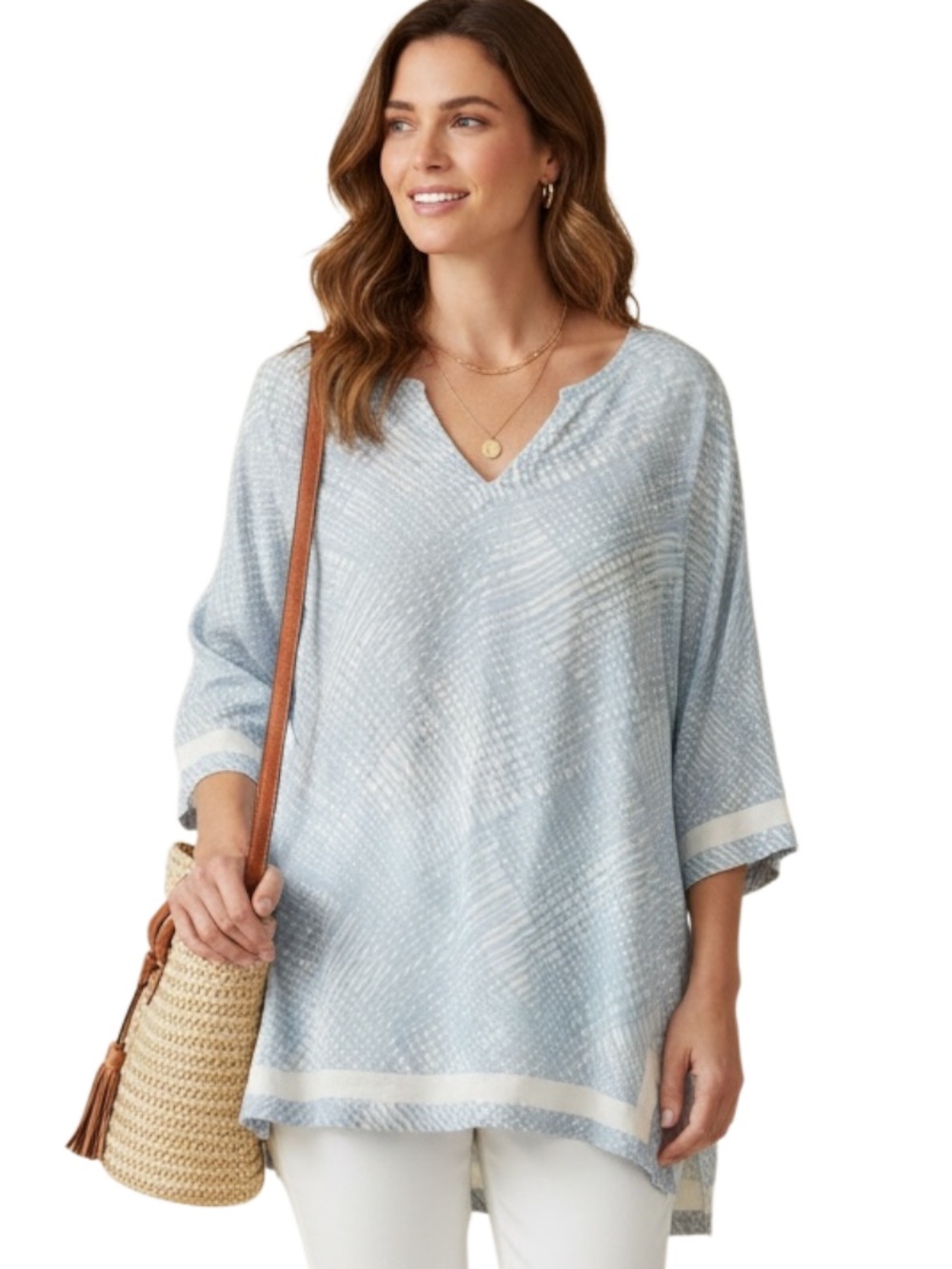 Vineyard Vines Womens 100% Linen Tunic Top Large Blue 3/4 Sleeve Coastal Preppy